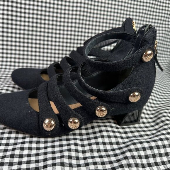 Tory Burch Marisa Low Heel Black Gold Wool Strappy Mary Jane Pumps Women's 6 - Picture 3 of 5